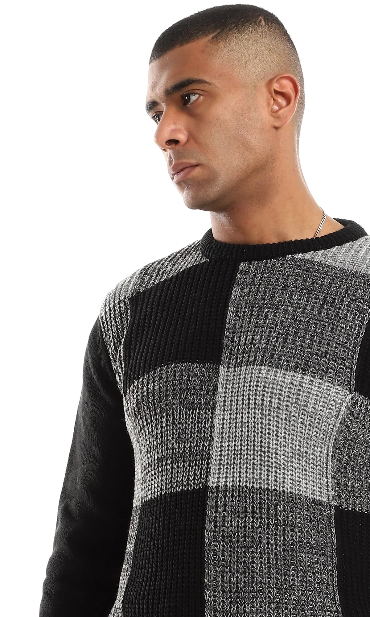 O154339 Wondow Plaids Patterned Front Knitted Pullover - Grey Shades & Black