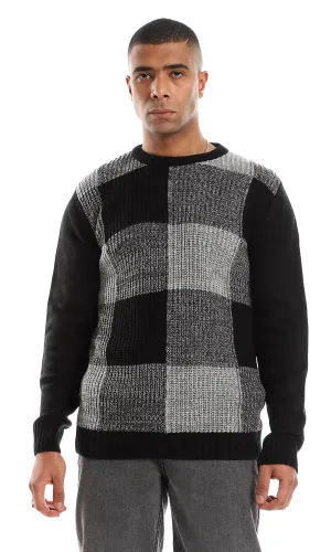 O154339 Wondow Plaids Patterned Front Knitted Pullover - Grey Shades & Black