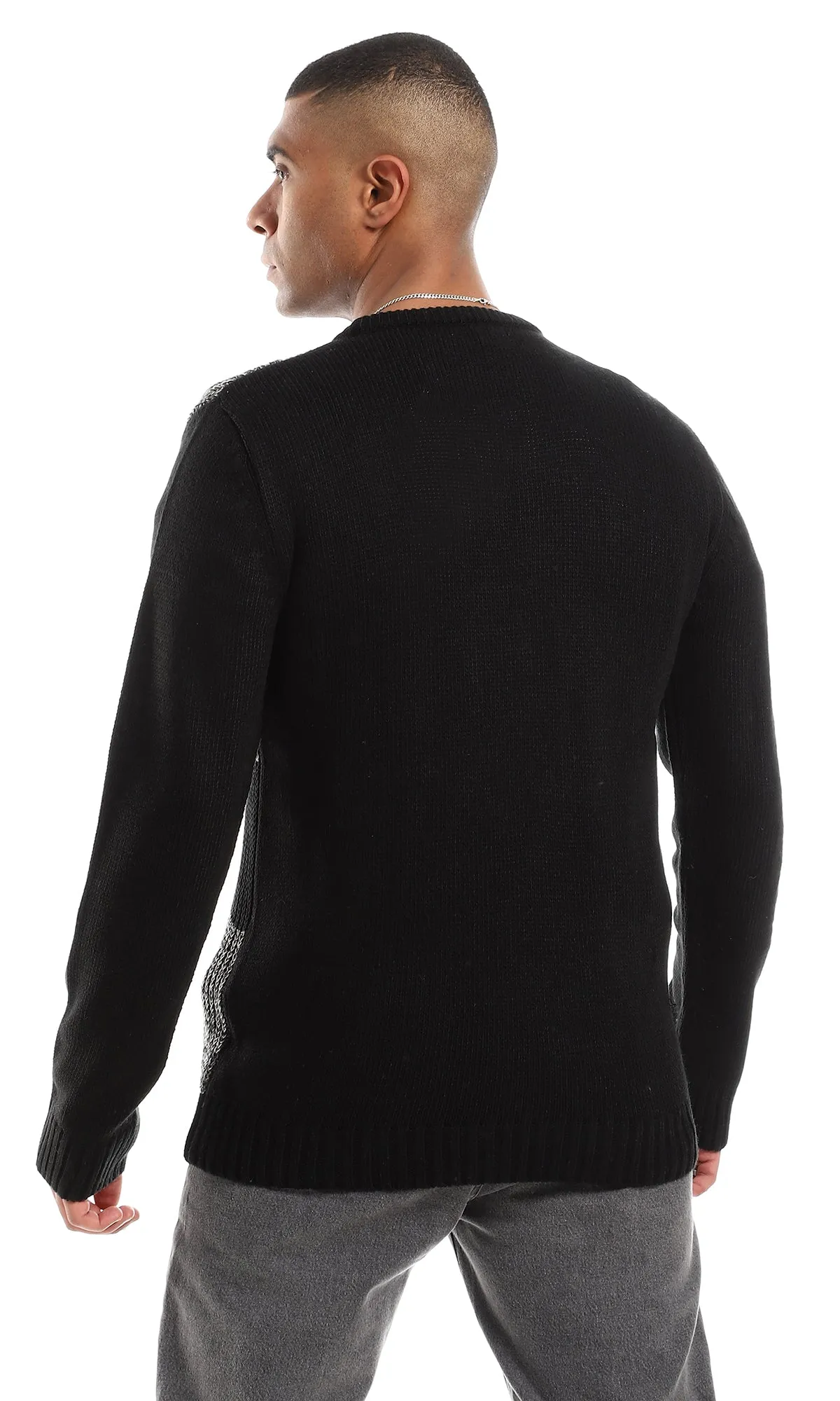 O154339 Wondow Plaids Patterned Front Knitted Pullover - Grey Shades & Black