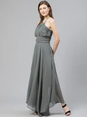 Olive Green Solid Halter Neck Maxi Dress