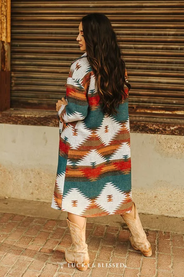 Plus Size Aztec Teal Button Down Coat