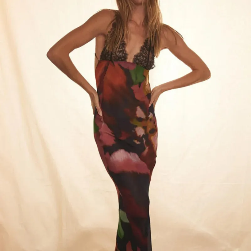 Printed Lace Detail Maxi Dress