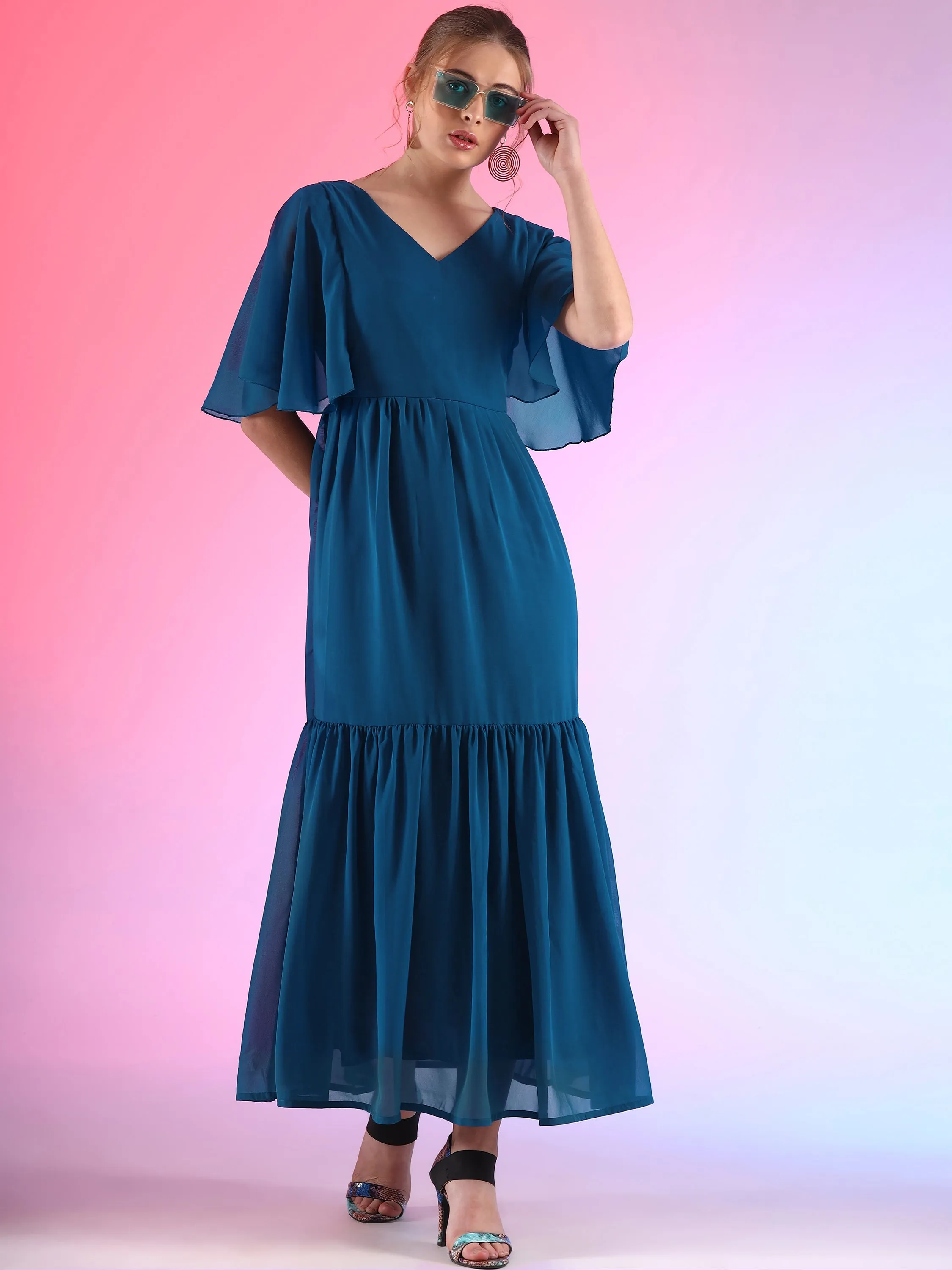Royal Blue V-Neck Ruffle Sleeve Maxi Dress