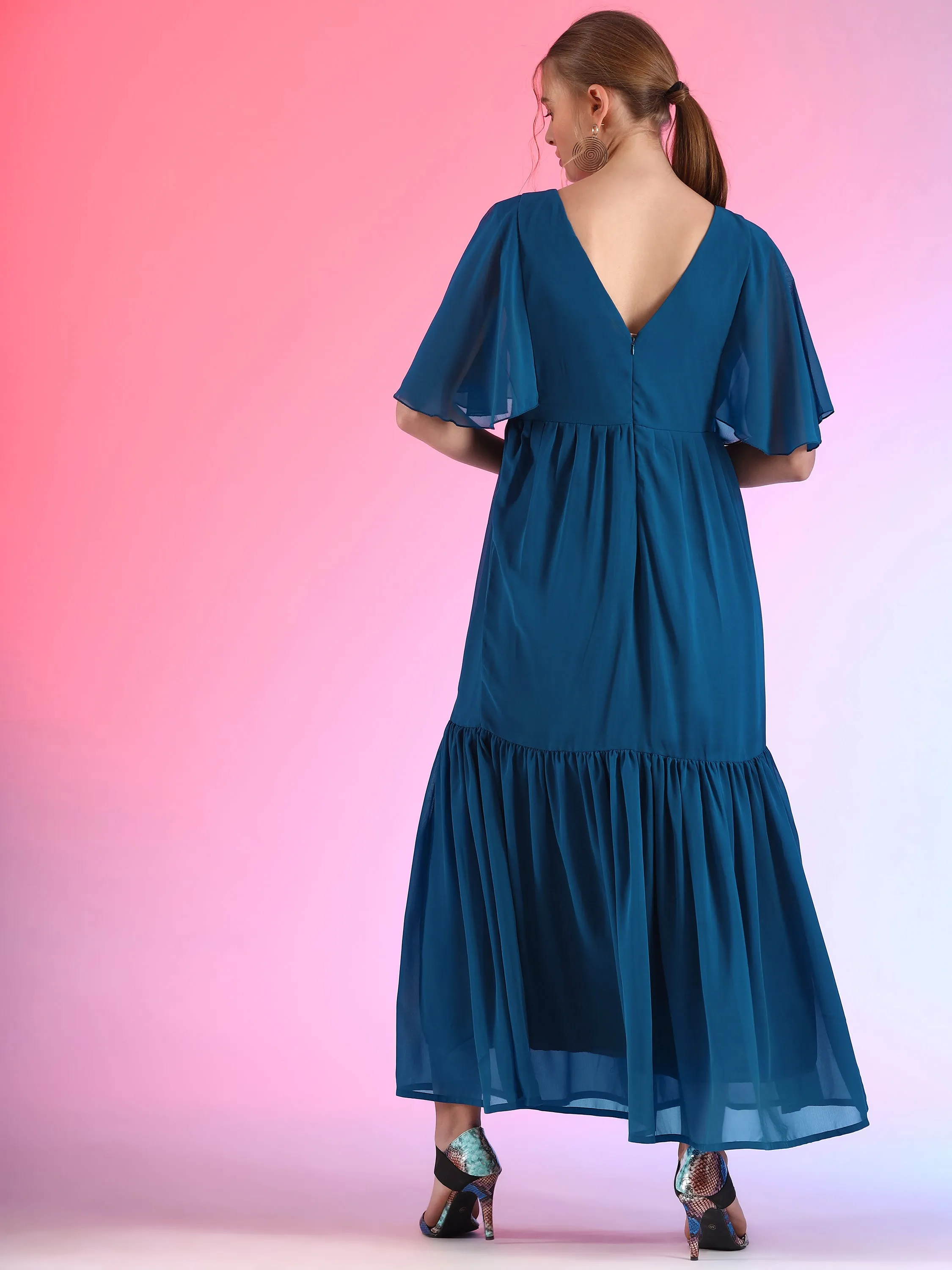 Royal Blue V-Neck Ruffle Sleeve Maxi Dress