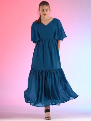 Royal Blue V-Neck Ruffle Sleeve Maxi Dress