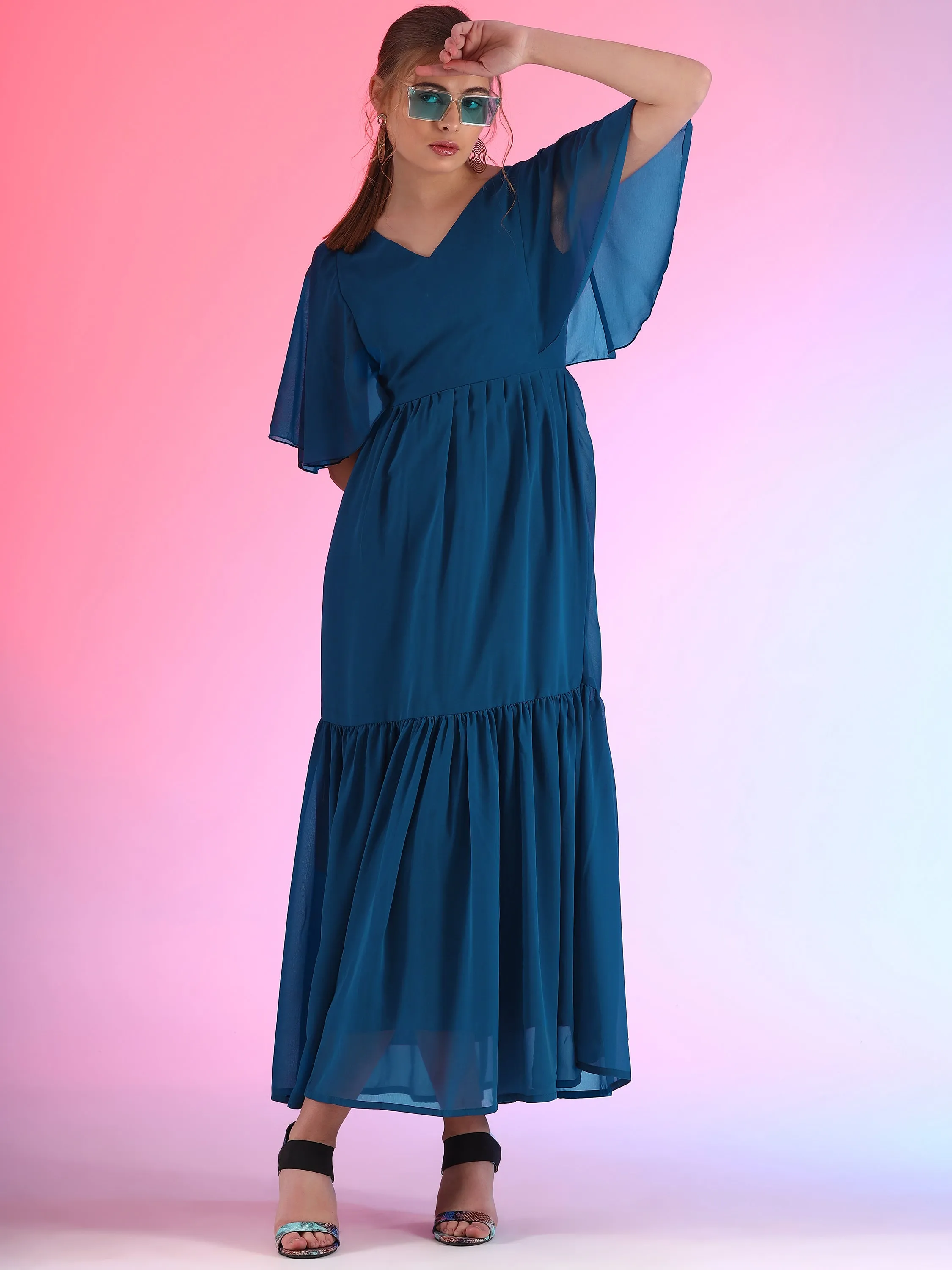 Royal Blue V-Neck Ruffle Sleeve Maxi Dress
