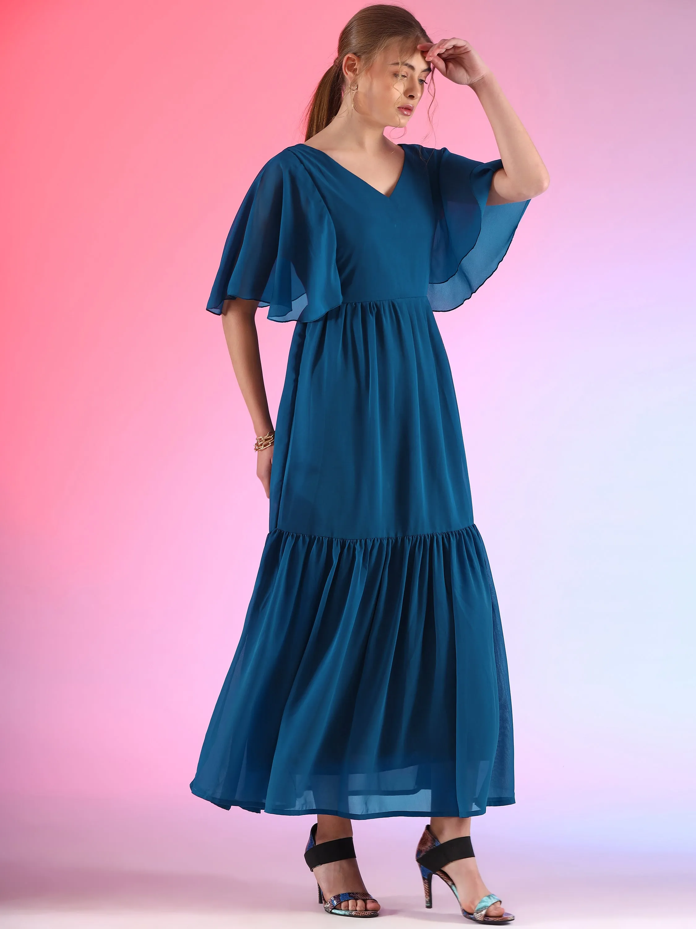 Royal Blue V-Neck Ruffle Sleeve Maxi Dress