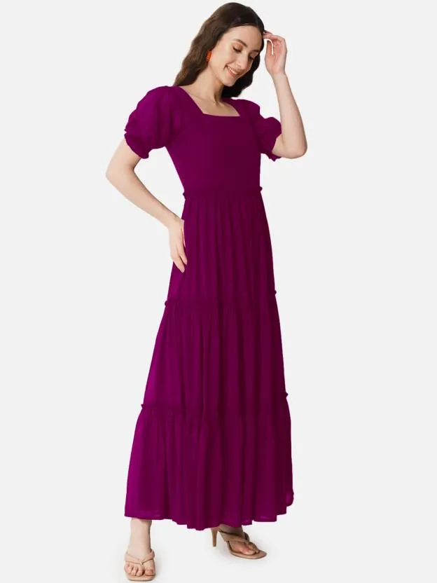 Royal Maroon Enchantment Square Neck Georgette Dress