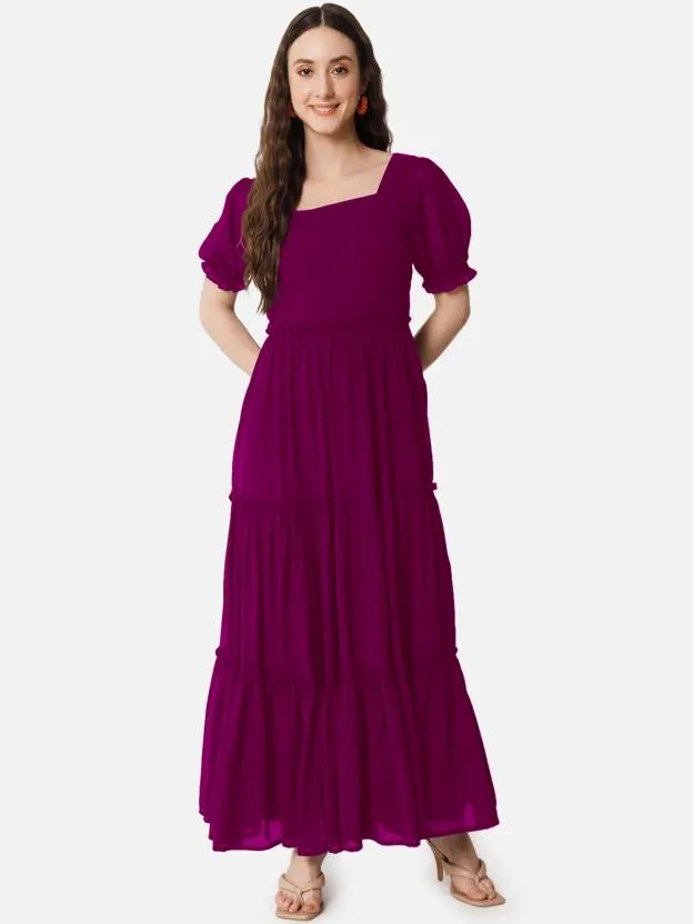 Royal Maroon Enchantment Square Neck Georgette Dress