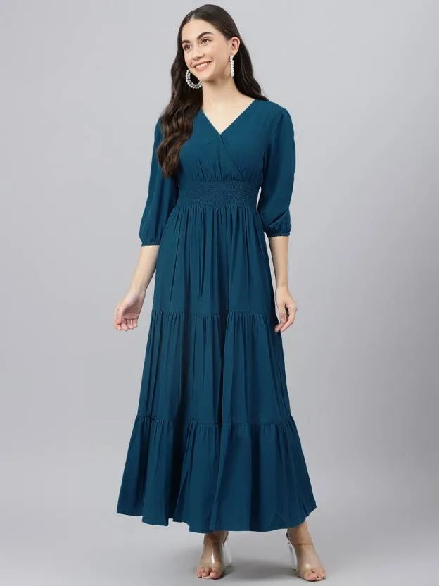 Sapphire Sky Symphony V-Neck Rayon Dress