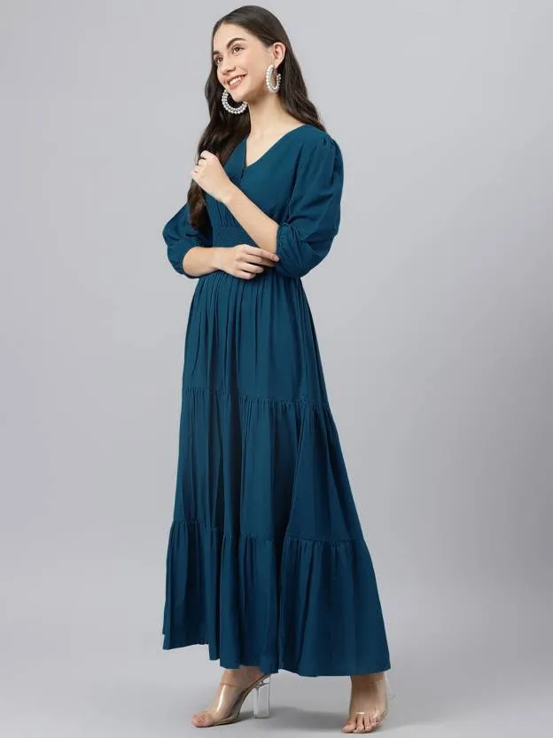 Sapphire Sky Symphony V-Neck Rayon Dress