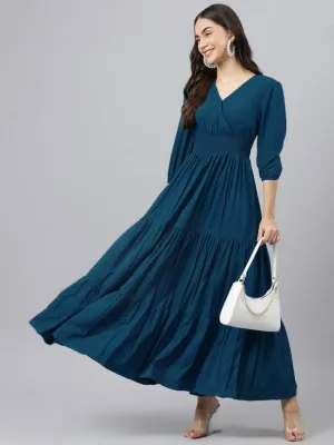 Sapphire Sky Symphony V-Neck Rayon Dress