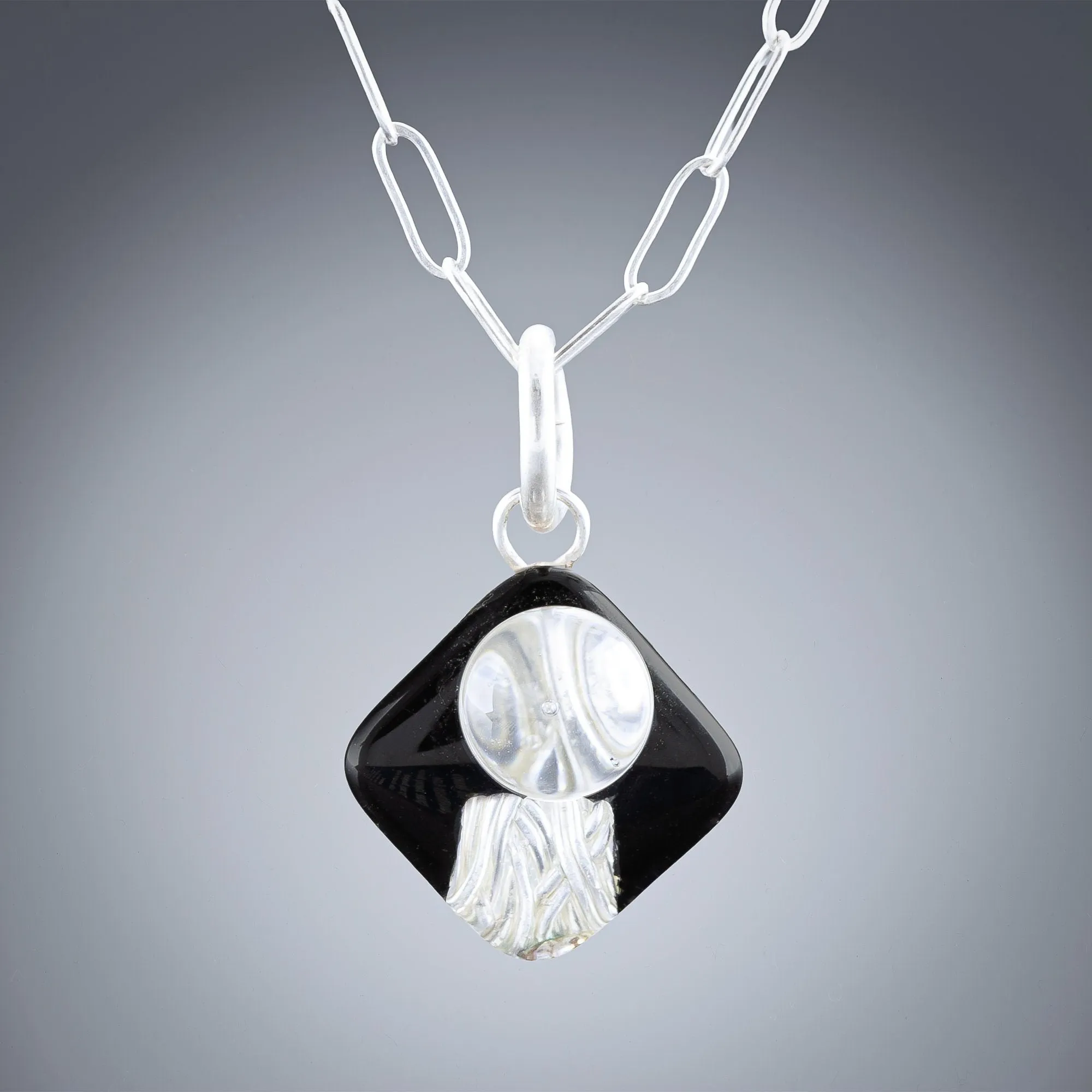 Small Black and Silver Art Deco Inspired Pendant Necklace in Sterling Silver
