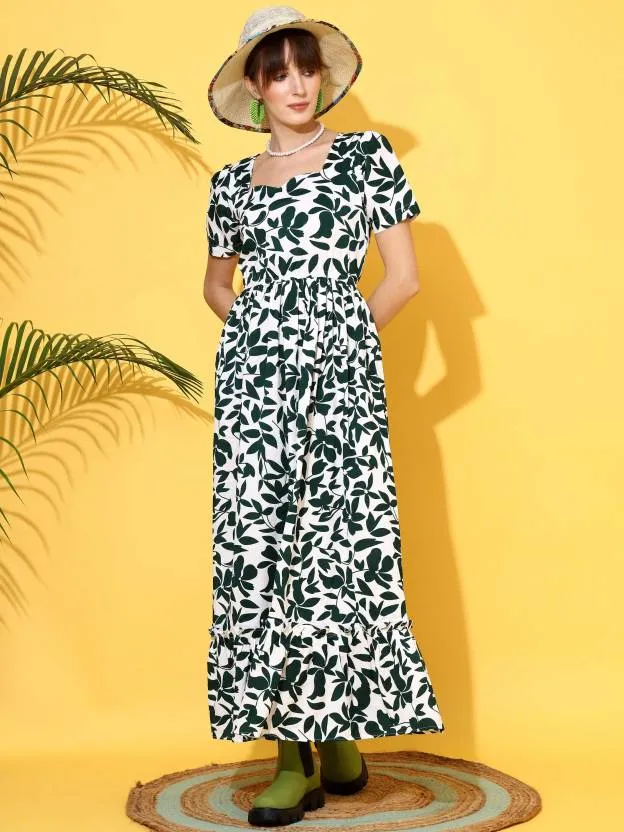 Vivid Blossom Green Maxi Dress